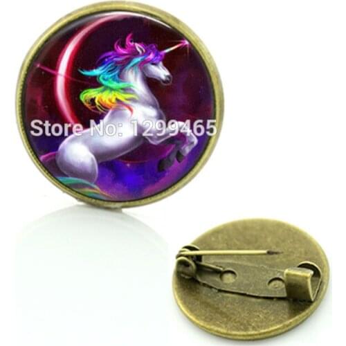 Legendary beasts Unicorns brooch jewelry rainbow colored art picture glass cabochon dome medal best gift to best friends C 678