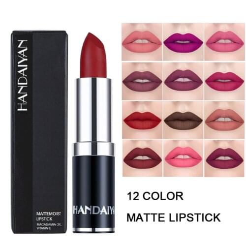 HANDAIYAN 12 Colors Matte Lipstick Tubes Waterproof Long Lasting Sexy Purple Lipstick Pigments Makeup Never Fade Away