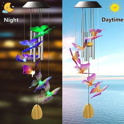 Color Changing Solar Power Wind Chime Crystal Ball Hummingbird Butterfly Waterproof Outdoor Windchime Light for Patio Yard Garde