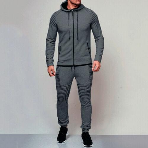 Mens Tracksuit Two Pieces Clothes Set Solid Color Long Sleeve Hoodie with Long Pants Zipper Sweatshirt and Trouser Sport Outfit