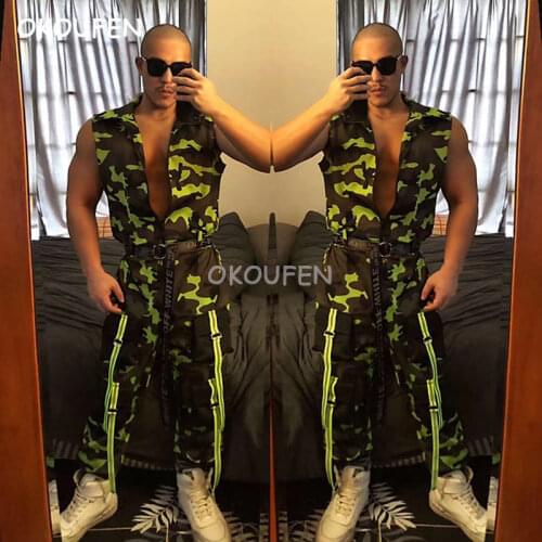 Nightclub Bar Mens ds New Party Reflective Camouflage Siamese Uniform Costumes Stage show theme performance costumes