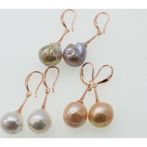 One pair freshwater pearl white pink puprle near round 11-13mm earrings FPPJ wholesale beads nature