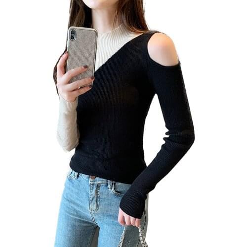 Autumn Winter Women Sweater High-necked Undershirt Womens Stand-up Collar off-shoulder Contrast Stitching Fashion Pullover A55