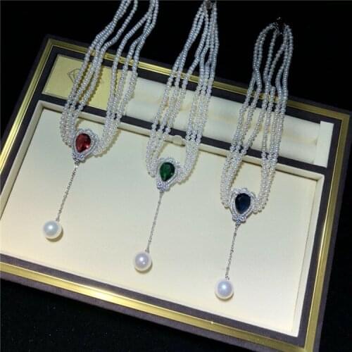 Hand knotted multi-layer natural 4-5mm white freshwater pearl zircon accessories short chain necklace fashion jewelry