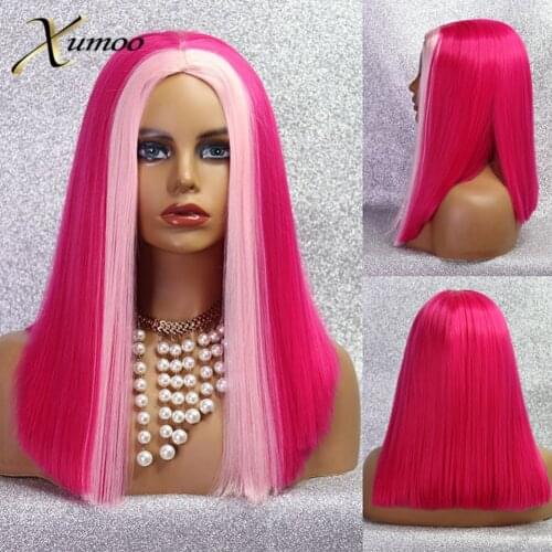 XUMOO Highlight Pink Synthetic Bob Wig High Temperature Fiber Non-Lace Short Bob Wig Cosplay Hot Pink Wigs For Black Women