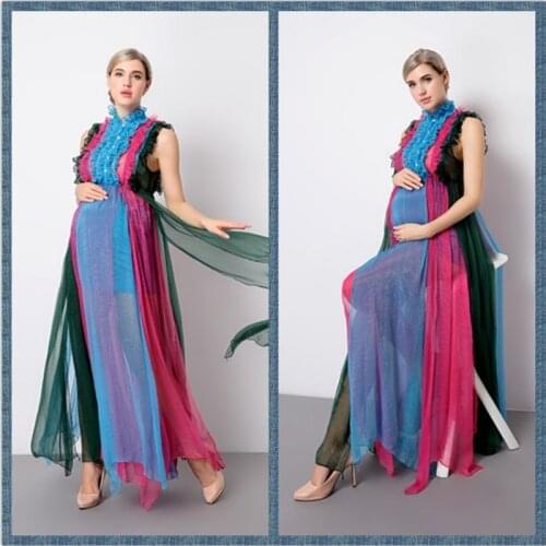 Maternity Photography Props Maternity Patchwork Long Dress Chiffon Sleeveless Pregnant Dress Pregnancy Clothes for Photo Shoot