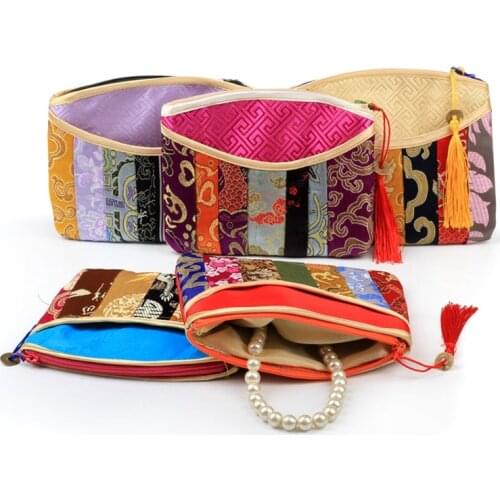 Handicrafts Patchwork Elegant Large Jewelry Bags Gift Packaging Zipper Tassel Coin Purse Silk Cosmetic Tinket Storage Pouches
