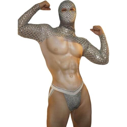 Sexy Muscle Man Jumpsuit Rave Party Show DS Costumes Rhinestone Stretch Skinny Jumpsuit DJ Pole Dancing Bar Nightclub Stage Wear