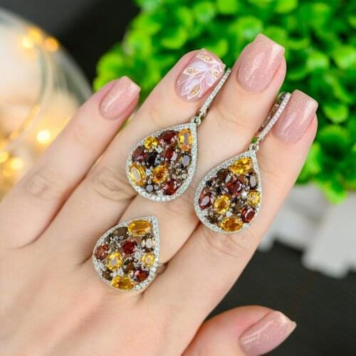 GEMS BALLET Natural Smoky Quartz Citrine Gemstone Drop Earrings Ring Sets Pure 925 Sterling Silver Jewelry Set For Women Fine