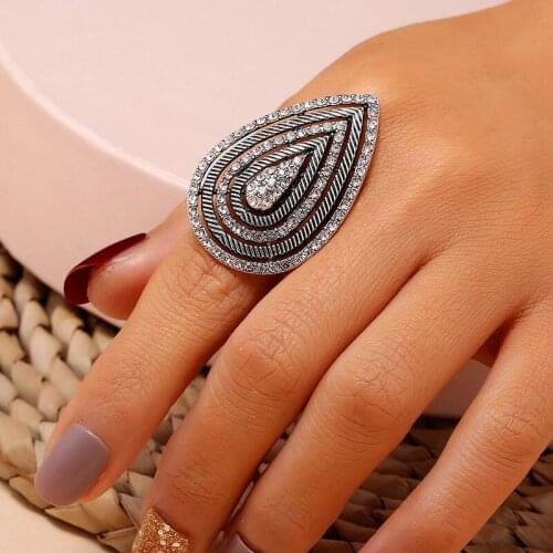 Vintage Geometric Water Drop Rings For Women Boho Full Crystal Opening Adjustable Rings Classic Wedding Jewelry Party Best Gifts
