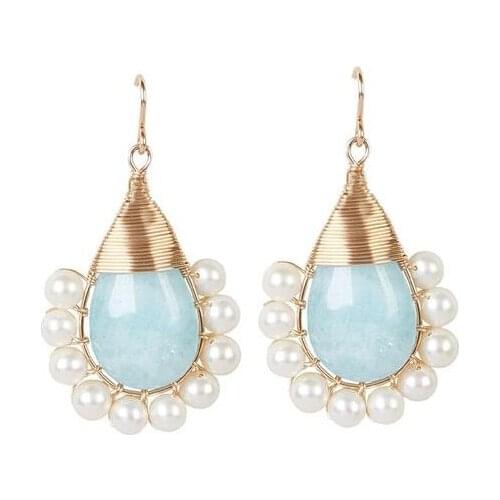 Jewelry Exquisite Geometric handcrafted Aquamarine Lolitas birthstone March pearl earring gold wired dangle earrings for women