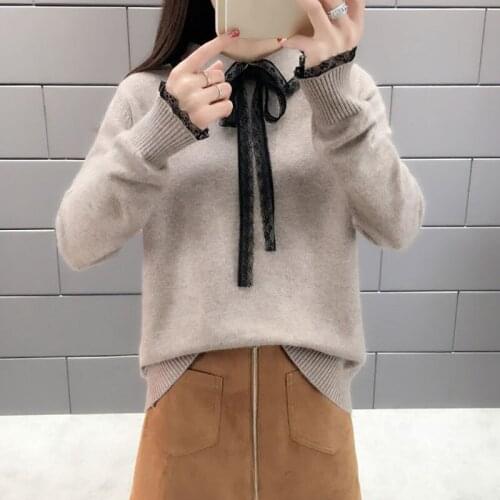 Womens Clothing Knitted Sweaters 2021 Autumn New Loose Oversized Sweaters Bow Neck Long-Sleeve Pullover Female Knitwear Jumper
