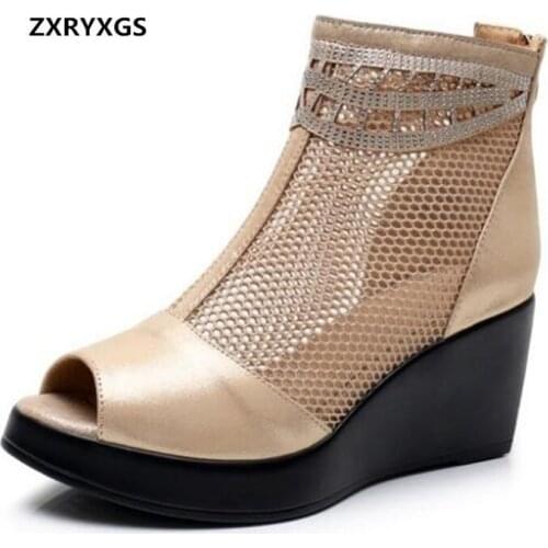 2019 Newest Summer Women Sandals Thick-soled Wedges Sandals Breathable Mesh Genuine Leather Sandals Cool Boots Fashion Sandals