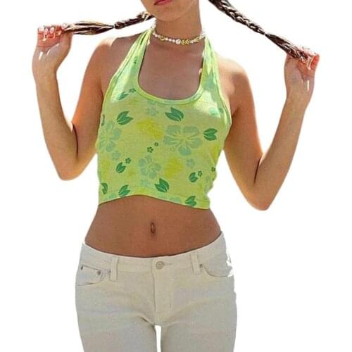 Women Summer Tank Tops Flower Print Halter Neck Sleeveless Tight Crop Camis Tops Green Tanks