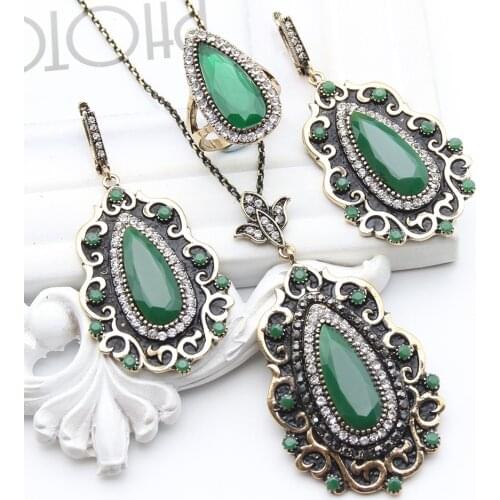 Ethnic Turkish Flower Jewelry Sets For Women Crystal Chandelier Earring Resin Rings Water Drop Necklace Nigeria Bridal Jewelry