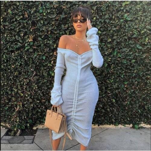 Women Sexy Front Drawstring Bandage Dress Off Shoulder V-neck Long Sleeve Bodycon Slim Skirt Club Party Wear for Spring Autumn