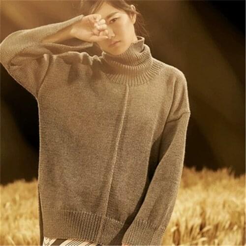 100% hand made pure wool knit women fashion turtleneck solid open hem loose pullover sweater white 5color customized