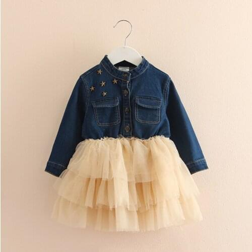 2021 Spring Autumn 2 3 9 10 Years 90 100 140cm Kids Cute Lace Patchwork Full Long Sleeve Baby Girls Denim Dress With Glitter