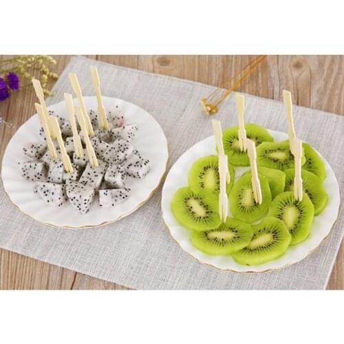 80PCS Disposable Bamboo Catering Forks Fruit Stick Finger Food Pick Forks Beige Cocktail Sticks Party Dessert Utensil Disposable