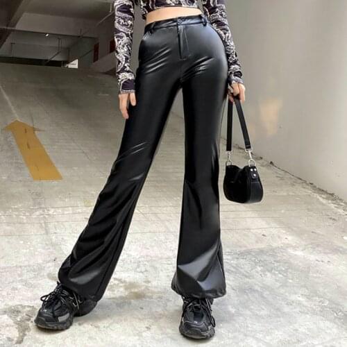Hot Fashion Women Slim Wide-leg Pants Ladies High Waist Elastic PU Leather Trousers with Pockets Outfits