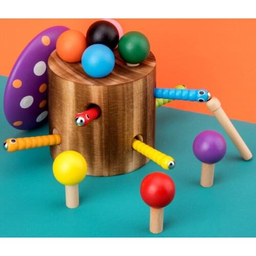 Wooden Colorful Puzzle Spelling Mushroom Magnetic Bug Catching Game toy Focus Training toy Montessori Material Educational toy