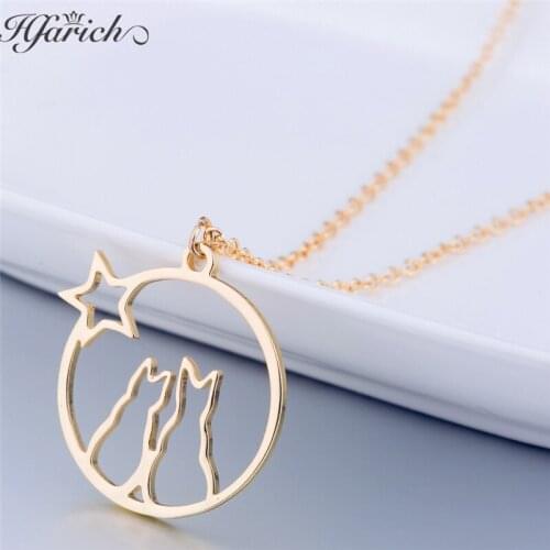 Hfarich Night Double Cat Shape Stainless Steel Necklace 2021 New Fashion Pendant Necklace Star Choker Jewelry For Women Keepsake