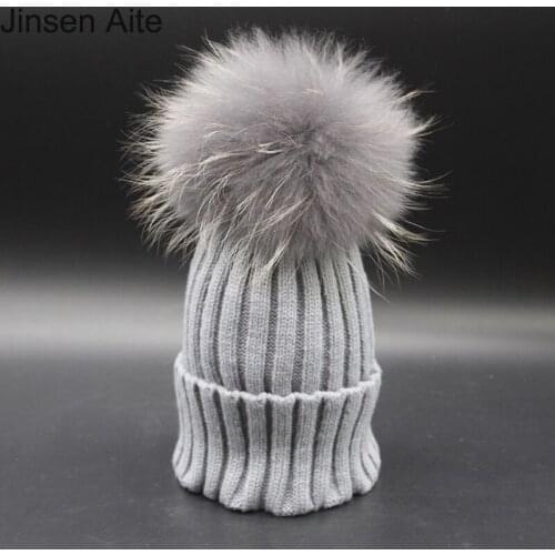 Jinsen Aite Winter Baby Hat 15cm Real Raccoon Fur Ball Hats Casual Child Girls Boys Warm Caps All For Childrens Clothing JS222