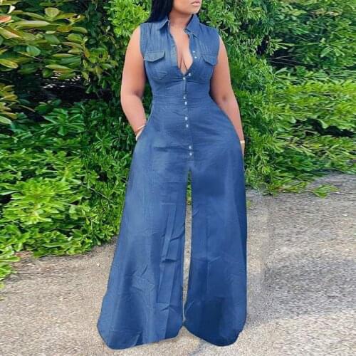 VONDA Sexy Sleeveless Party Jumpsuits 2021 Women Lapel Button Up Denim Wide Leg Playsuits Palazzo Pants Pantalon Ladies Overalls