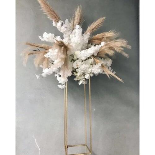 Wrought iron geometric rectangular frame wedding party table centerpiece road lead artificial flowers backdrop stand decoration