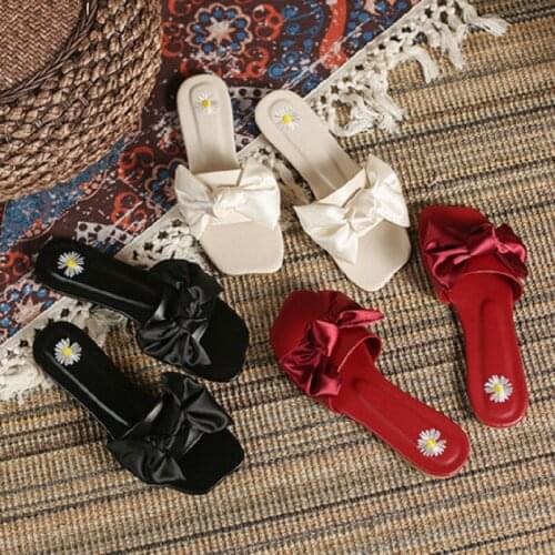 Summer Fashion Square-Head Beach Slippers Simple Solid Color Elegant Bowknot Flat-Bottomed Comfortable Ladies Slippers Size 40