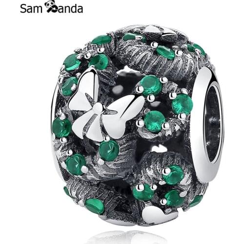 New 925 Sterling Silver Charm Bead Green Clear Crystal Bow Hollow Round Beads Fit Pandora Original Bracelets DIY Jewelry