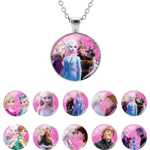 Disney Frozen Princess Elsa Anna Snow Cartoon Characters Glass Dome Pendant Chain Necklace Cabochon for Girls Jewelry SQ125-25