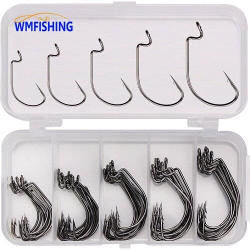 50PCS/BOX Fishing Hook Carbon Steel Wide/Narrow Crank Offset Fishhook For Soft Lure Bass Barbed Carp Fishing Tackle Worm Hook