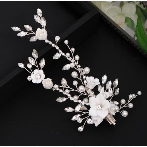 Wedding Hair Jewelry Bridal Headpiece Flower Hair Barrettes Women Decorative Silver color Pearl Crystal Hair ornaments Jewelry