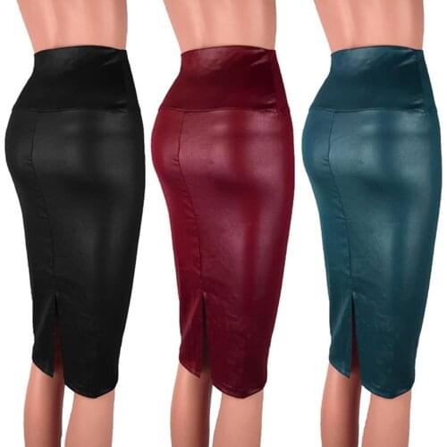 Bodycon Skirt Fashion Sexy Women High Waist Split Faux Leather Knee Length Pencil Skirt For Female Pencil Skirt Autumn