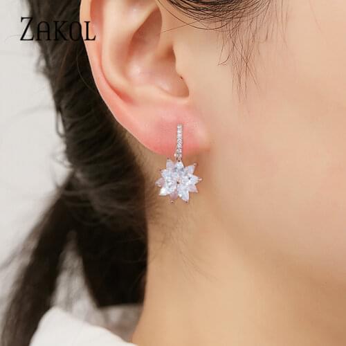 ZAKOL Cute Romantic Lovely Clear Stone Flower Convenient Simple Earrings Copper Cubic Zirconia For Women Party Jewelry FSEP2120