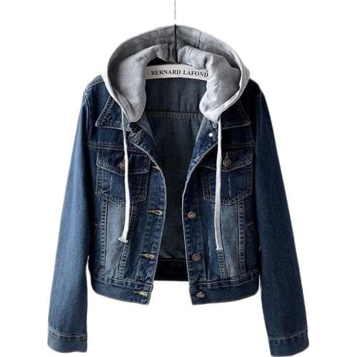 Womens Denim Jacket Ladies Outer Tower Tops For Autumn Winter Hooded Single-Breasted Denim Outerwear Female Student Short Coats