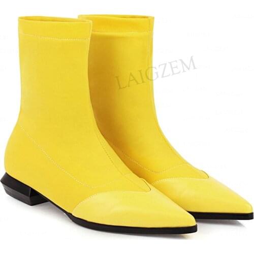 LAIGZEM Women Ankle Boots Stretchy Farbic Low Heels Booties Pull On Patchwork Ladies Dress Office Lady Shoes Woman Size 33 41 52