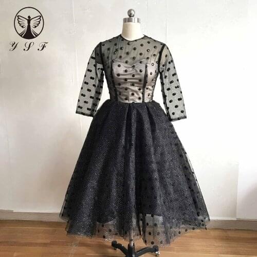 2019 Fashion Black O Neck Beaded Three Quarter Sleeve Pleated Bling Bling Short Front Long Back High Low Cocktail Dresses
