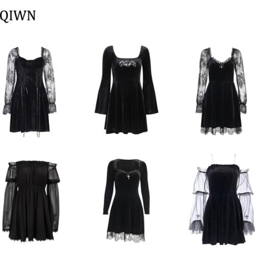 Gothic Black Velvet Lace Trim Dress Y2K Aesthetic High Waist A Line Mini Dresses E Girl Grunge Punk Partynight Dresses