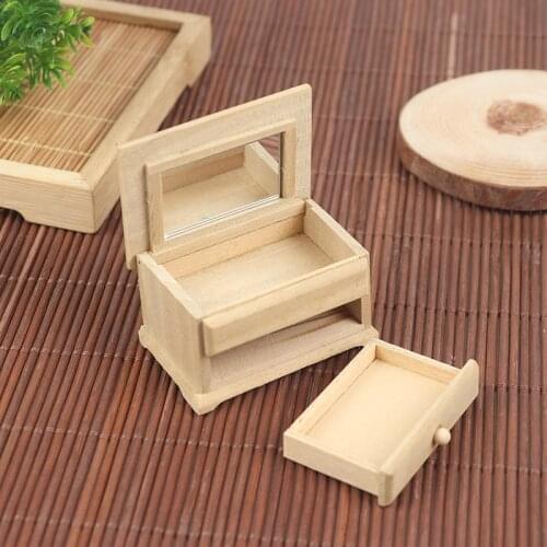 1/12 Doll House Drawers Miniature Vanity Table with Flip Up Mirror & Drawers Bedside Drawer Cabinet Model for Children Gifts