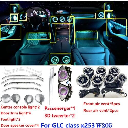 64 Colors Car LED Door Center Console Atmosphere Lamp Strips For Benz C/GLC class W205 X253 Air Vent Outlet Ambient Light