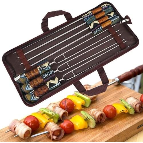7pcs/set Outdoor BBQ Skewers Fork Reusable Stainless Steel Barbecue Grill Camping Picnic Tableware Roast Fork Stick Kitchen Tool