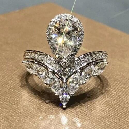 Elegant Jewelry Fashion Princess Crown Ring Foir Wedding Inlaid Water Drop Crystal Zircon Female Party High Grade Ornaments