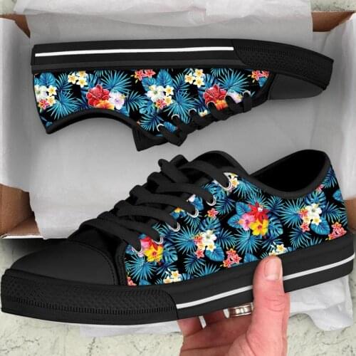 ELVISWORDS Tropical Plant Hawaiian Hibiscus Flower Printing Fashion Low Style Women Sneakers Casual Autumn Female Lace-up Shoes
