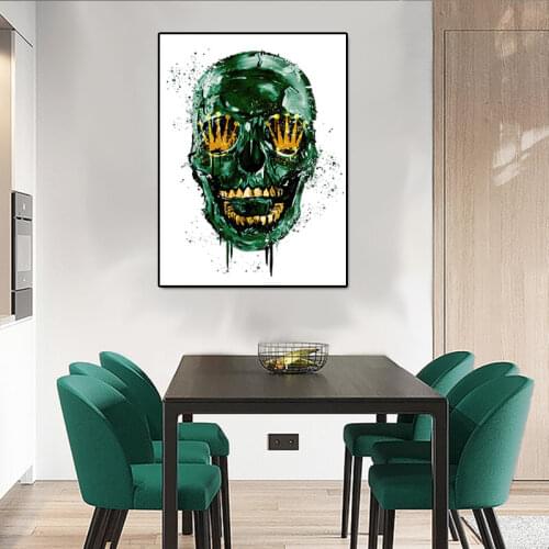 Green Skull Canvas Painting Abstract Golden Teeth Crown Print Poster Nordic Wall Art Picture Aisle Prints Aesthetic Room Decor