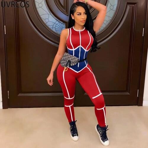 UVRCOS Jumpsuit Women Skinny Streetwear Ropa De Mujer 2021 New Fashion Striped Printed Sleeveless Botas Verano Mujer Sportwear