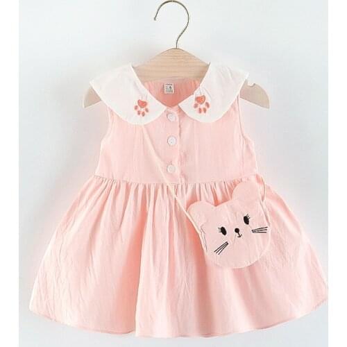 Hot Sell Kid Princess Dress Sleeveless Peter Pan Collar Cartoon Casual Little Girls Summer Clothing With Bag