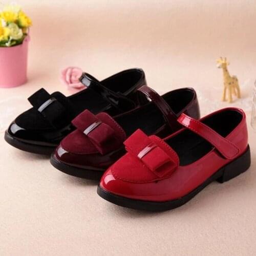 Fashion Children Princess Leather Shoes Bow Tie PU 3 Colors Casual Baby Black Red Girls Fashion Brand Sport Shoes Dance Shoes