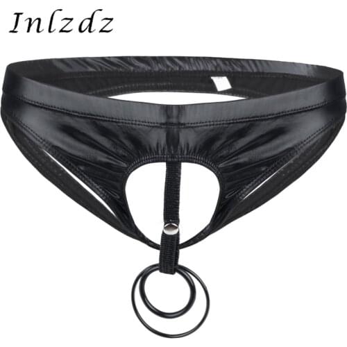 Men Erotic Lingerie Briefs Bikini Underwear Erotic Hot Sexy Open Butt Patent Leather Pantiies Underpants with Penis Hole O-Rings